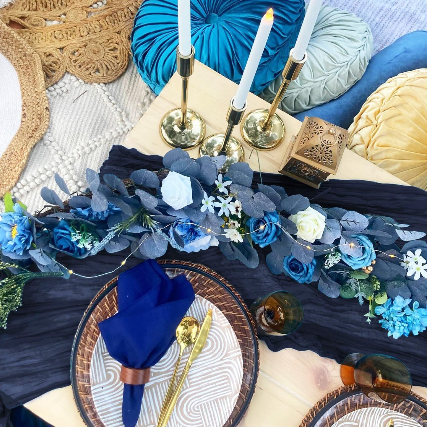 3 Pack Navy Blue Cheesecloth Table Runner 10FT Boho Gauze Cheese Cloth Table Runner Blue for Wedding Party Baby Shower Birthday Summer Home Decor Holiday Decorations