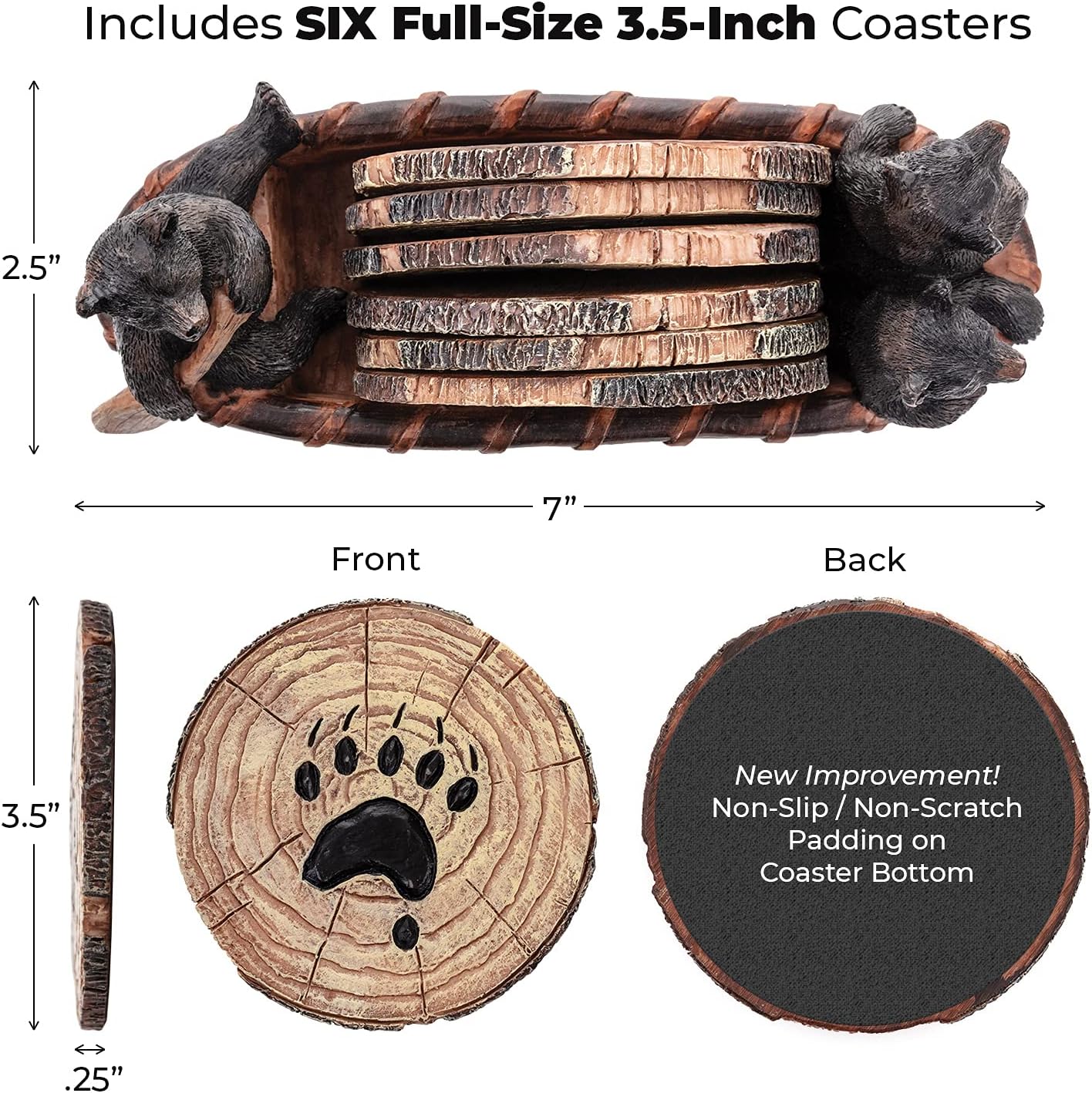Bear Coasters Set of 6 Full Size Rustic Coasters in Handmade Canoe with Adorable Black Bear Figurines | Black Bear Log Cabin Decorations, Rustic Lodge Decor for The Home