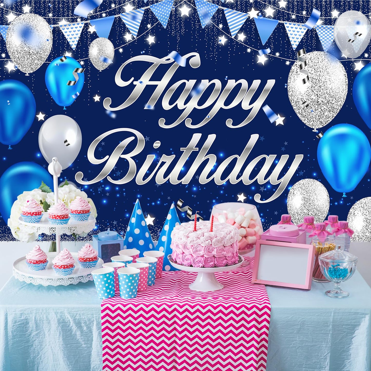 MDCGFOD Happy Birthday Banner - Birthday Decorations for Men Women Boys Girls Blue Sliver Birthday