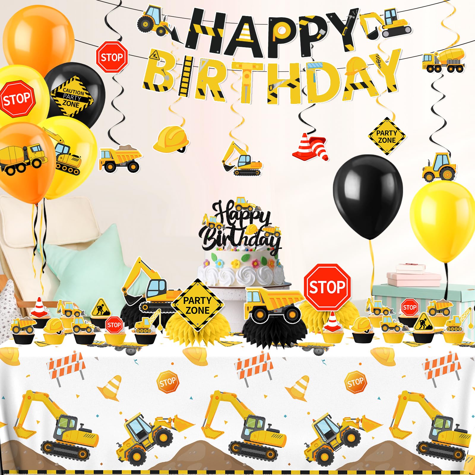 Construction Birthday Decorations,245PCS Construction Birthday Party Supplies-Includes Plates