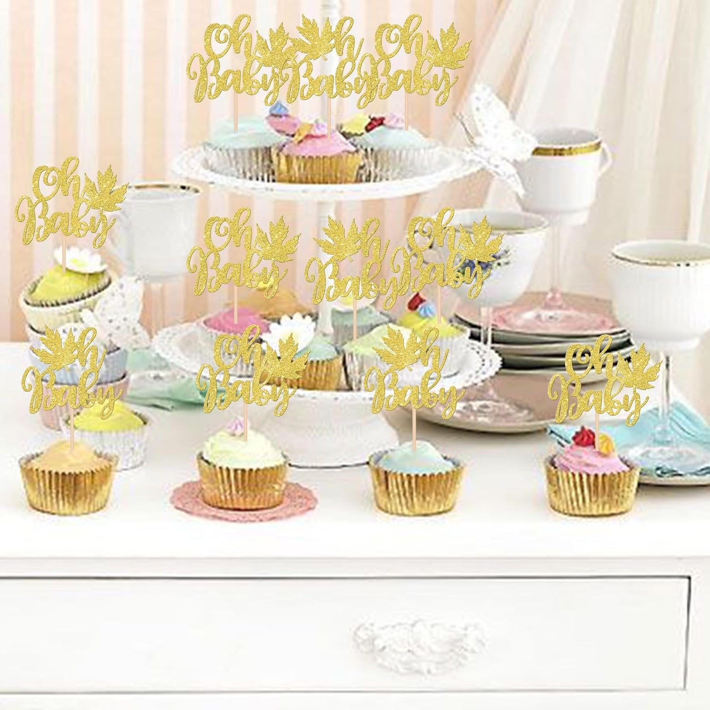 24 PCS Maple Leaf Oh Baby Cupcake Toppers Glitter Fall Baby Shower Cupcake Picks for Thanksgiving Theme Baby Shower Kids Boys Girls Birthday Party Cake Decorations Supplies Gold