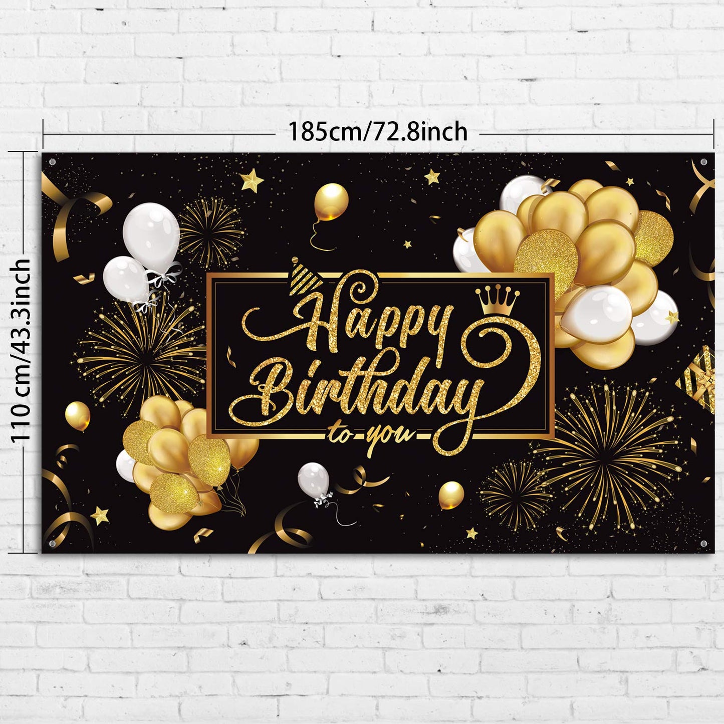 Blulu Black and Gold Happy Birthday Banner Sign Photo Backdrop, Classic