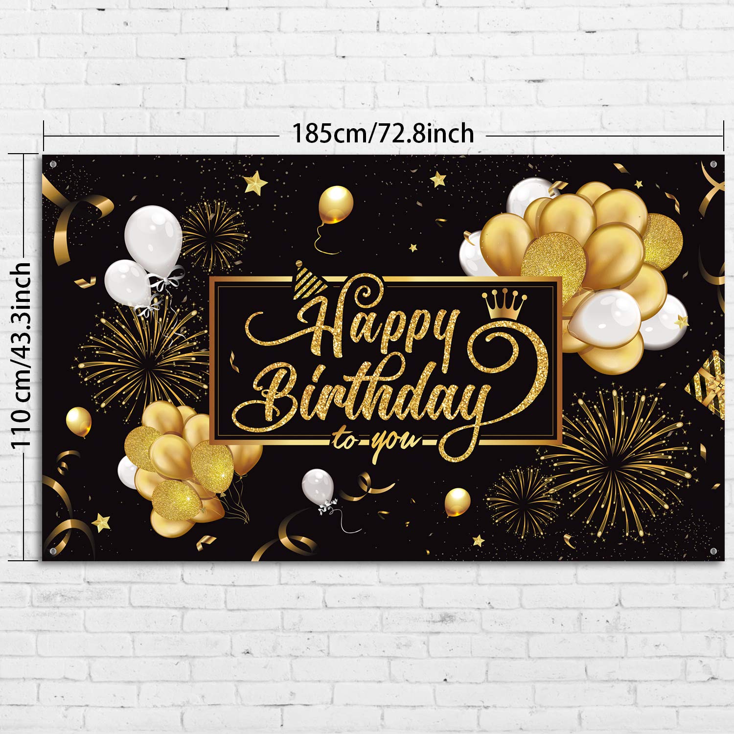 Blulu Black and Gold Happy Birthday Banner Sign Photo Backdrop, Classic