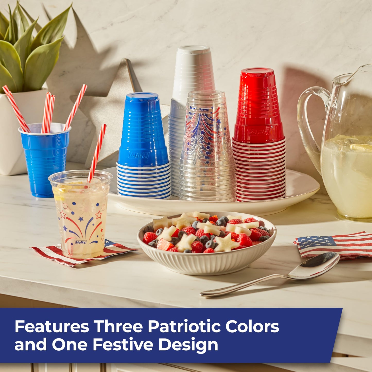 Hefty Party On Disposable Party Cups, Patriotic Color Pack, 76ct