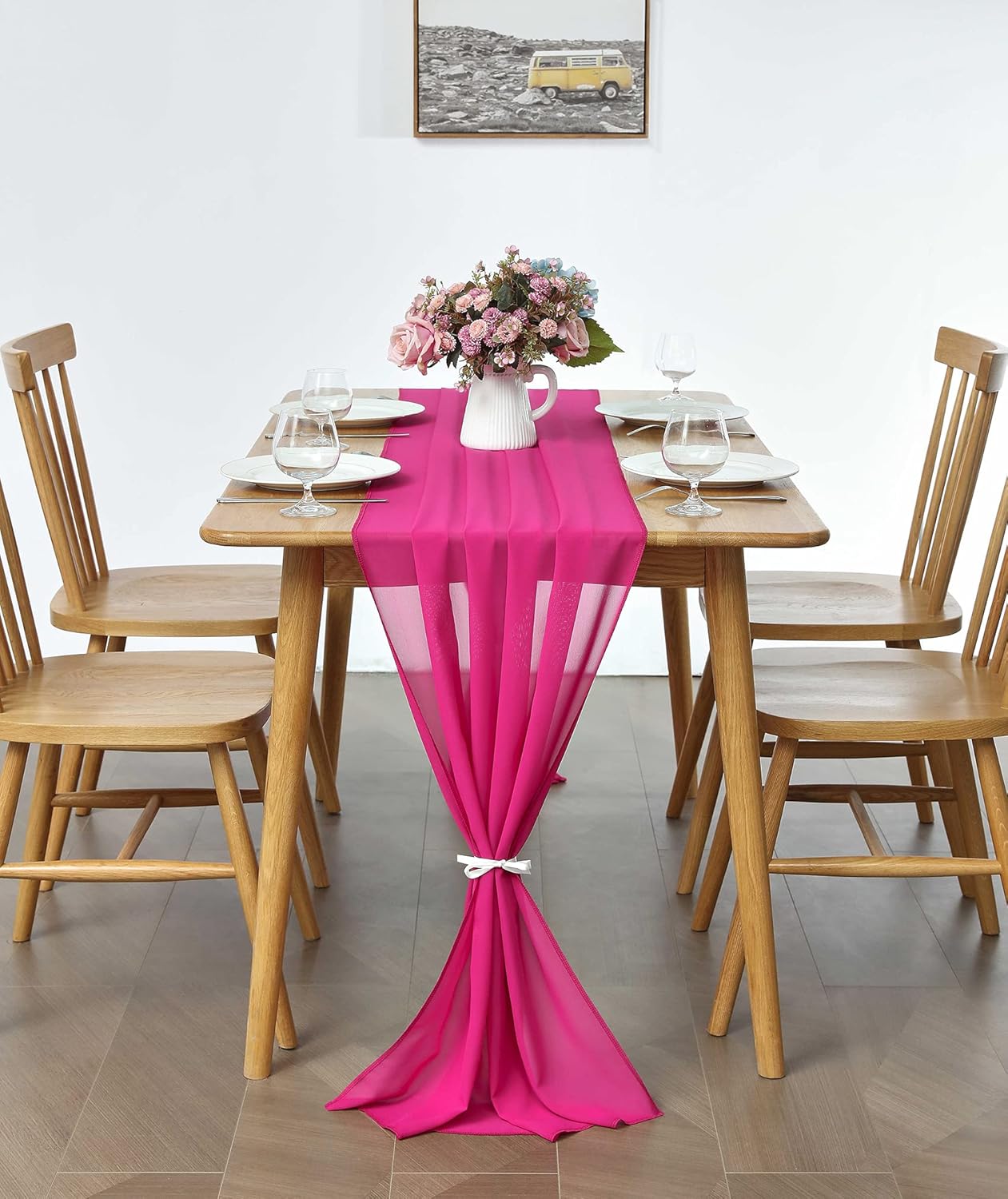 5 Pack 10Ft Fuchsia Chiffon Table Runner Sheer 29x120 Inch for Romantic Wedding Decor Bridal & Baby Shower Birthday Rustic Party Decoration