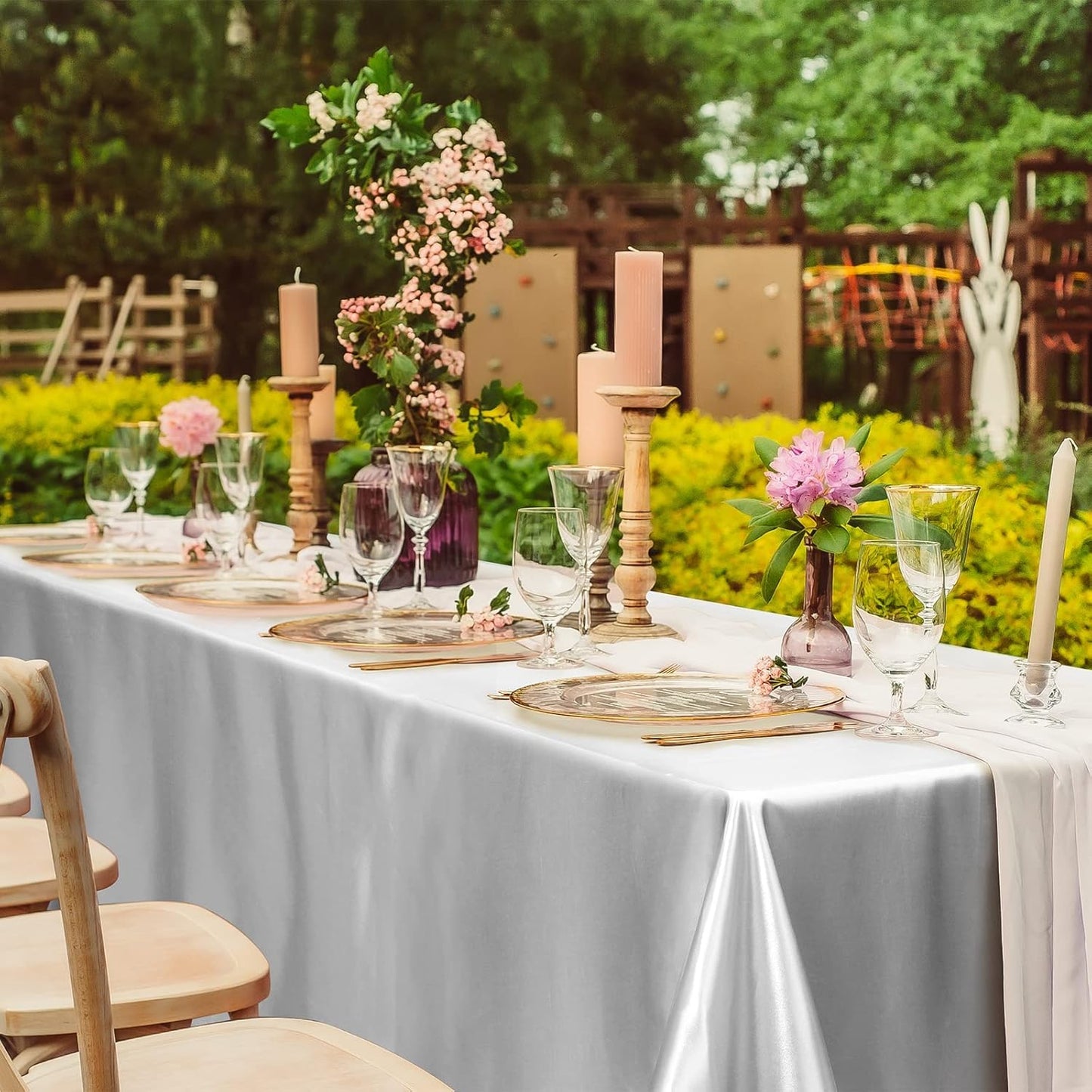 TURSTIN 4 Packs Silver Satin Tablecloth 102 x 58 Inch Overlay Satin Table Cover Rectangle Bright Silk Tablecloth Smooth Fabric Table Decoration for Wedding Banquet Party Events