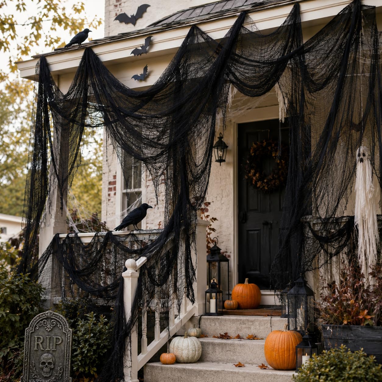 5 Pcs Black Halloween Gauze Creepy Cloth Fabric Tapestry Decor Decorations