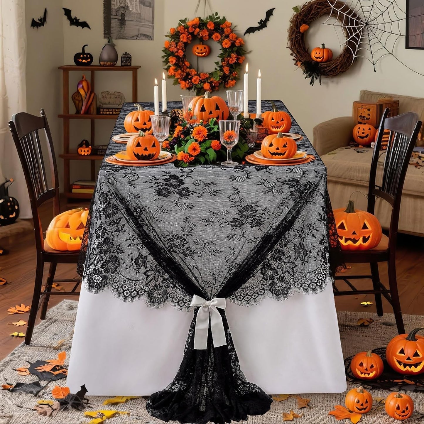 Black Lace Tablecloth Halloween Table Fabric 60x120 Inch for Scary Movies Rustic Wedding Bridal Shower Party Decoration Rectangle Overlay Long Vintage Embroidered Reception Table Cloth Decor