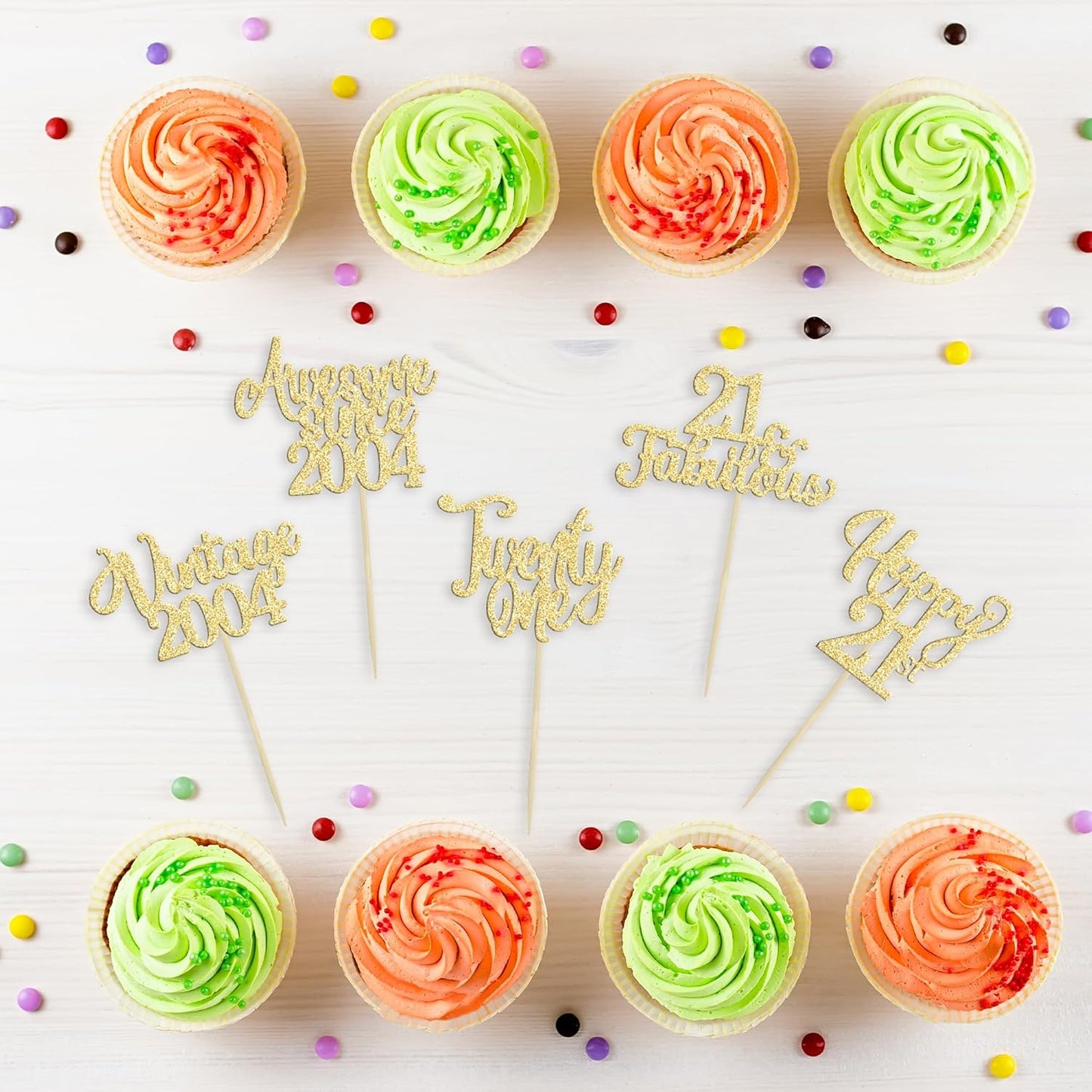 30Pcs Vintage 2004 Cupcake Toppers Glitter Twenty-one Happy 21st Birthday 21 Fabulous Cupcake Picks Awesome Since 2004 Cake Decorations for 21st Birthday Anniversary Retirement Party Supplies Gold