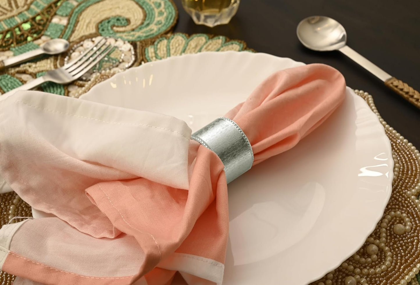 12 Pack Decorative Napkin Ring - Heavy Duty Metal Round Napkin Holders, Silver Electroplated Finish with Beaded Edge, Vintage Rustic Metal Napkin Rings for Dining, Weddings,Holidays - CLEENTABLE