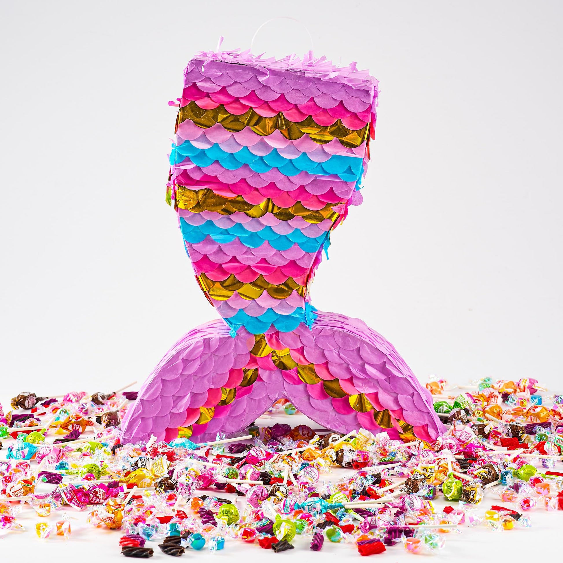 Mermaid Tail Pinata with Plastic Bat and Paper Blindfold for Fun Fiesta Taco Party Supplies, Photo