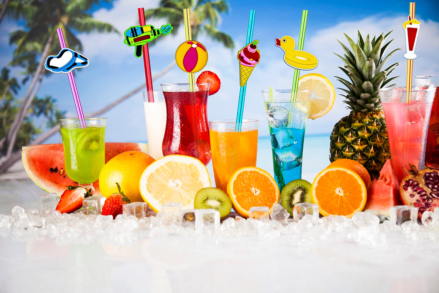 24pcs Beach Party Crazy Straws, Pool Summer Party Favors, 2 Brushes