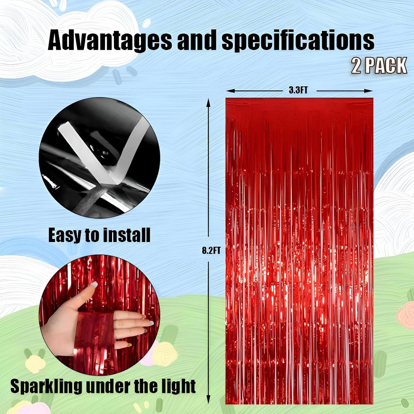 Keyali 2 Pack 3.3 * 8.3 ft Foil Curtain Metallic Tinsel Fringe Curtains Photo Booth Props Backdrop for Birthday Wedding Engagement Baby Shower Christmas Holiday Celebration Partyl,Red