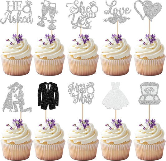 30 Pack Bride to be Cupcake Toppers Glitter Diamond Ring I Do Love Cupcake Picks Miss to Mrs He Asked She Said Yes Bridal Shower Wedding Engagement Bachelorette Cake Decorations Silver