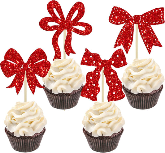 Ephlyn 24Pcs Bow Cupcake Toppers Bow Birthday Cake Topper Girls Birthday Party Decorations Bowknot Cupcake Decorations for Bridal Baby Shower Birthday Wedding Themed Party Red
