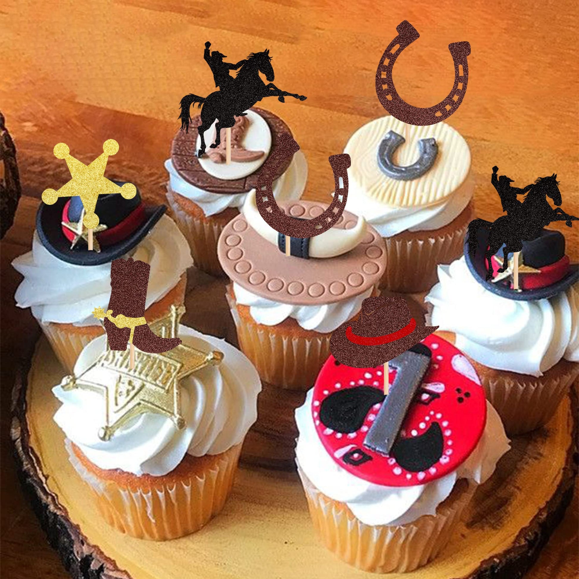 30 PCS Cowboy Cupcake Toppers Glitter HorseShoe Cowboy Hats Boots Cupcake Picks Western Theme Baby