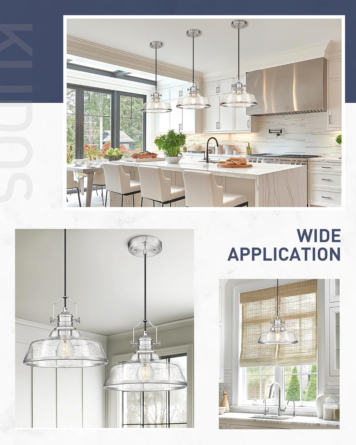 kudos 2 Pack Pendant Lights Kitchen Island, 11" Large Brushed Nickel Kitchen Island Lighting with Seeded Glass, Industrial Hanging Light Fixture for Kitchen Sink Dining Room, KDPL13-BN-S-2PK