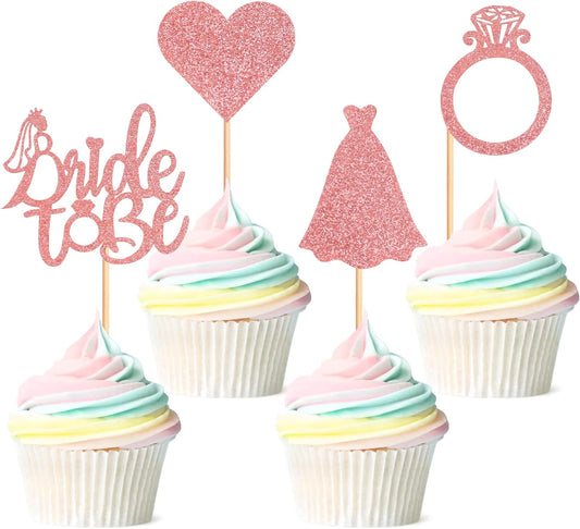 Pack of 24 Bride to Be Cupcake Toppers with Heart Ring Dress Bridal Shower Cupcake Picks Wedding Engagement Bachelorette Party Cake Decorations Supplies - Rose Gold Glitter