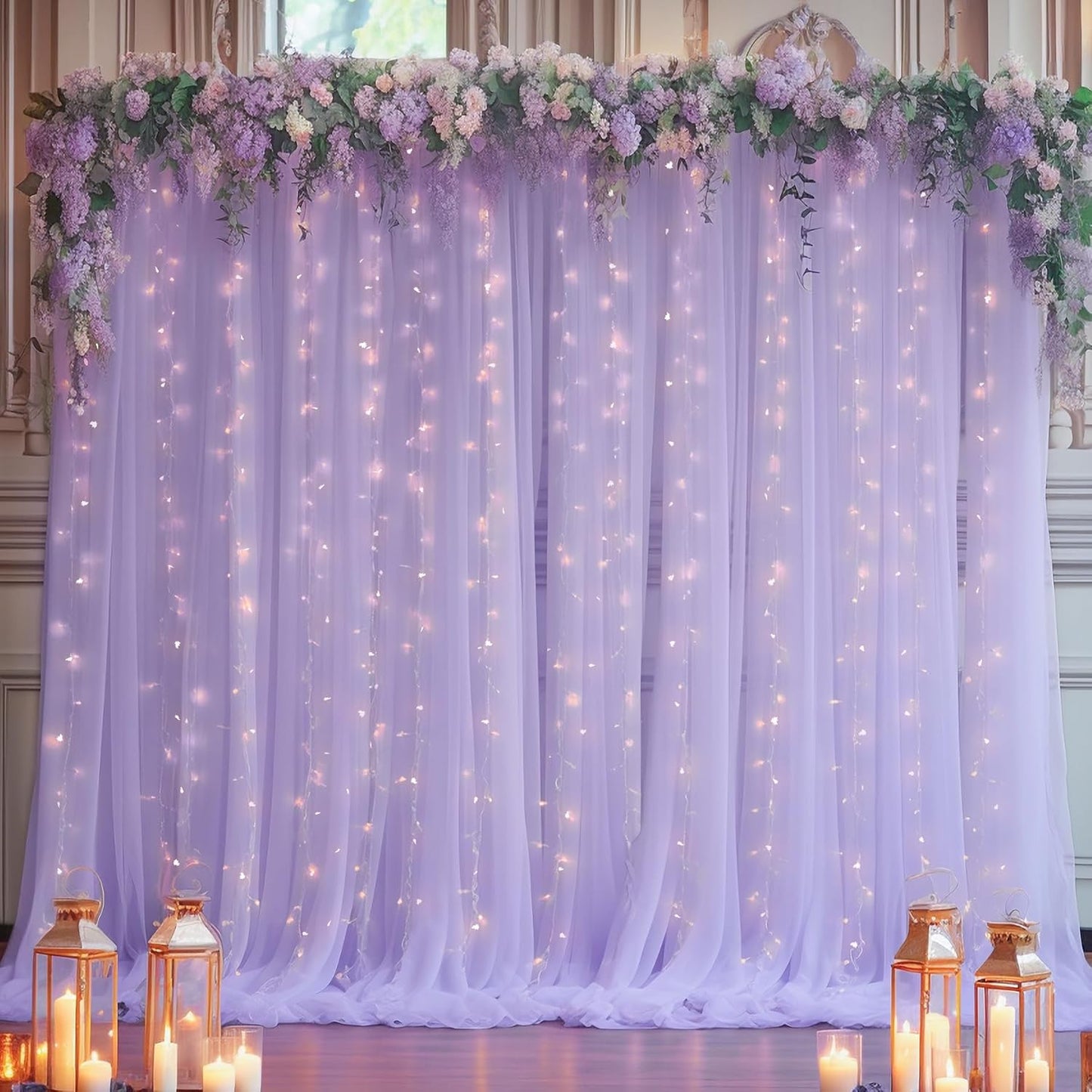 10x10ft Purple Tulle Backdrop Curtain with Lights String for Parites, Sheer Photo Backdrop Curtains with Lights for Wedding Backdrop Ceremony Reception Bridal Shower Baby Shower Birthday Party