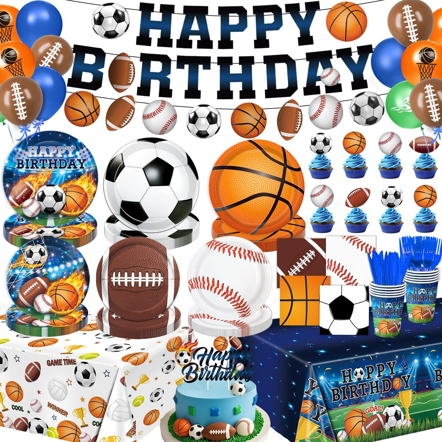 191 PCS Sports Birthday Party Decorations Includes Plates, Napkins, Cups, Knives, Forks, Banner