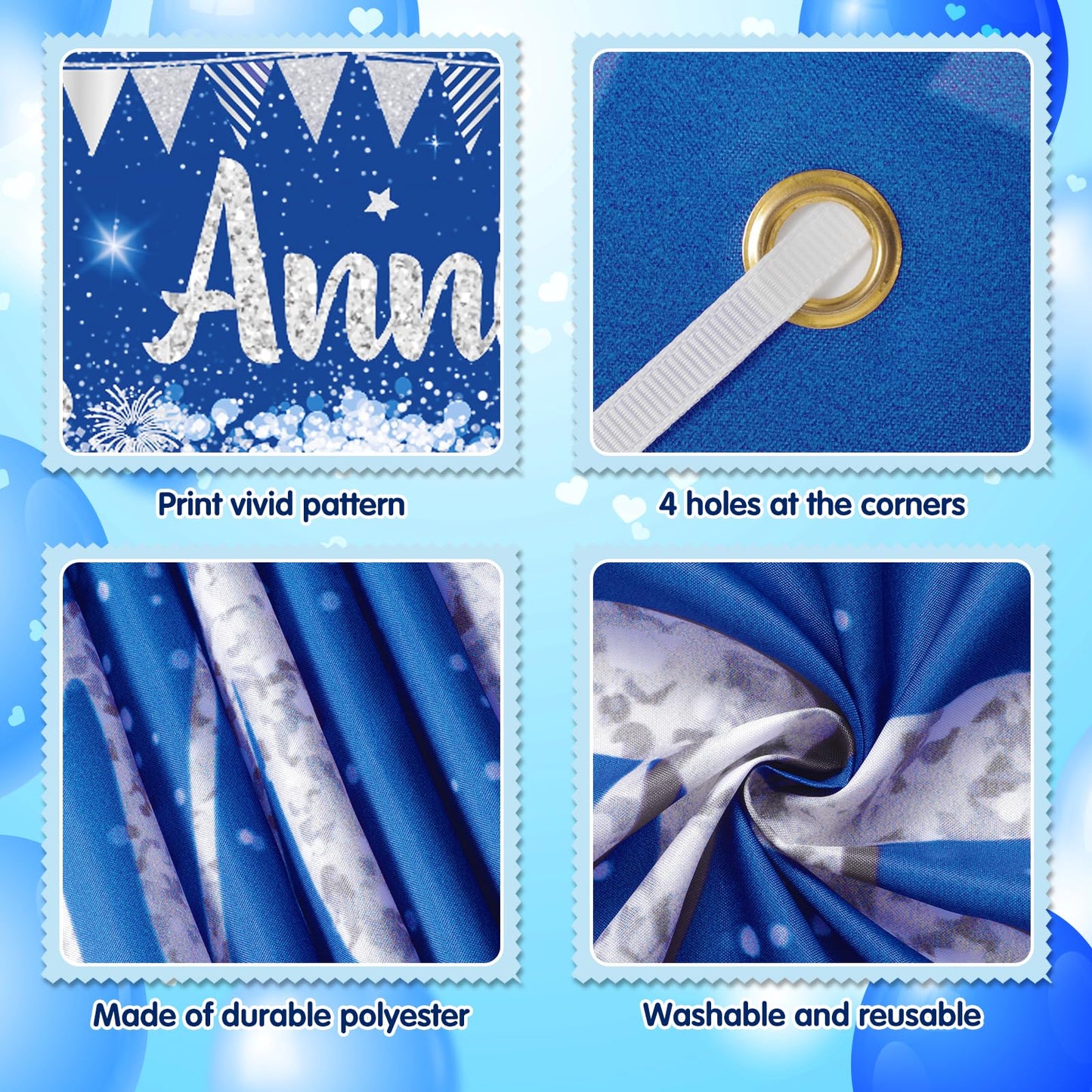 Blue Happy Anniversary Decorations for Men Women, Silver Blue Happy Anniversary Banner and 18pcs