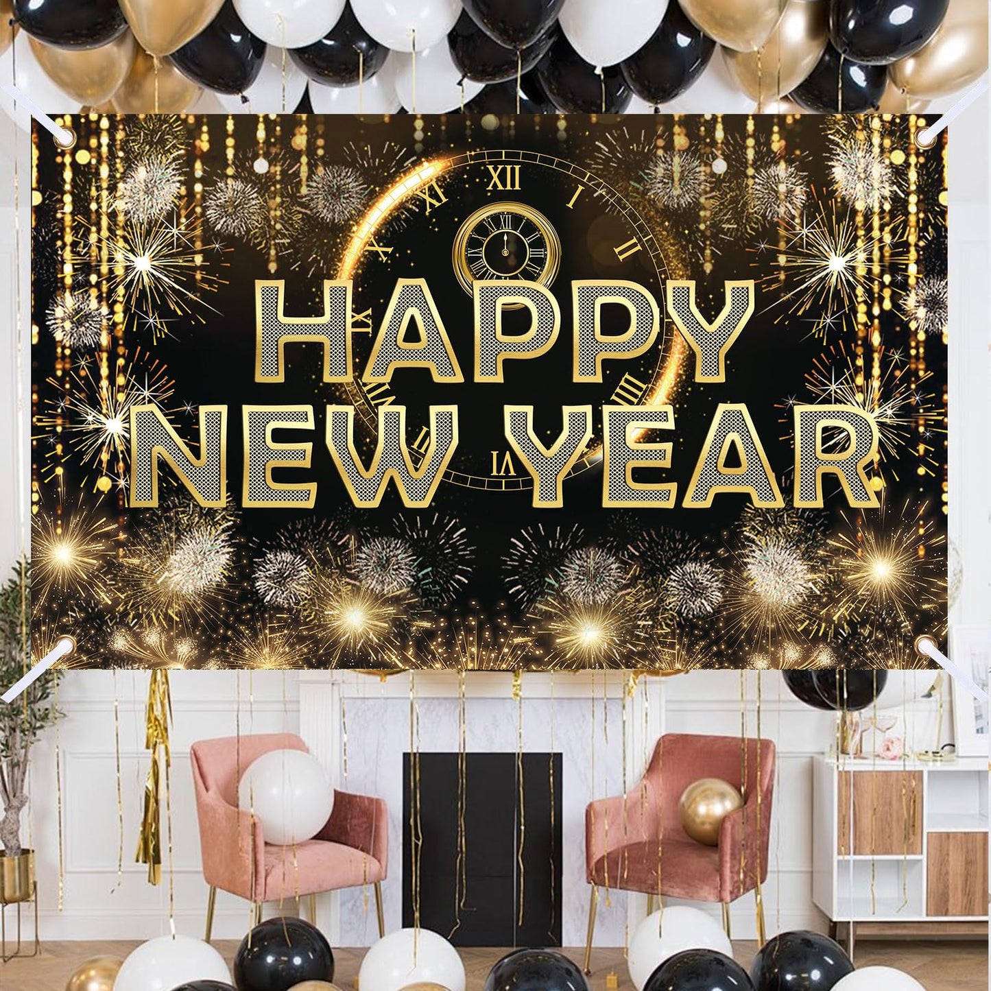 HAPPY NEW YEAR Hanging Extra Large Fabric Sign Poster Black Background Banner with Firework Pattern