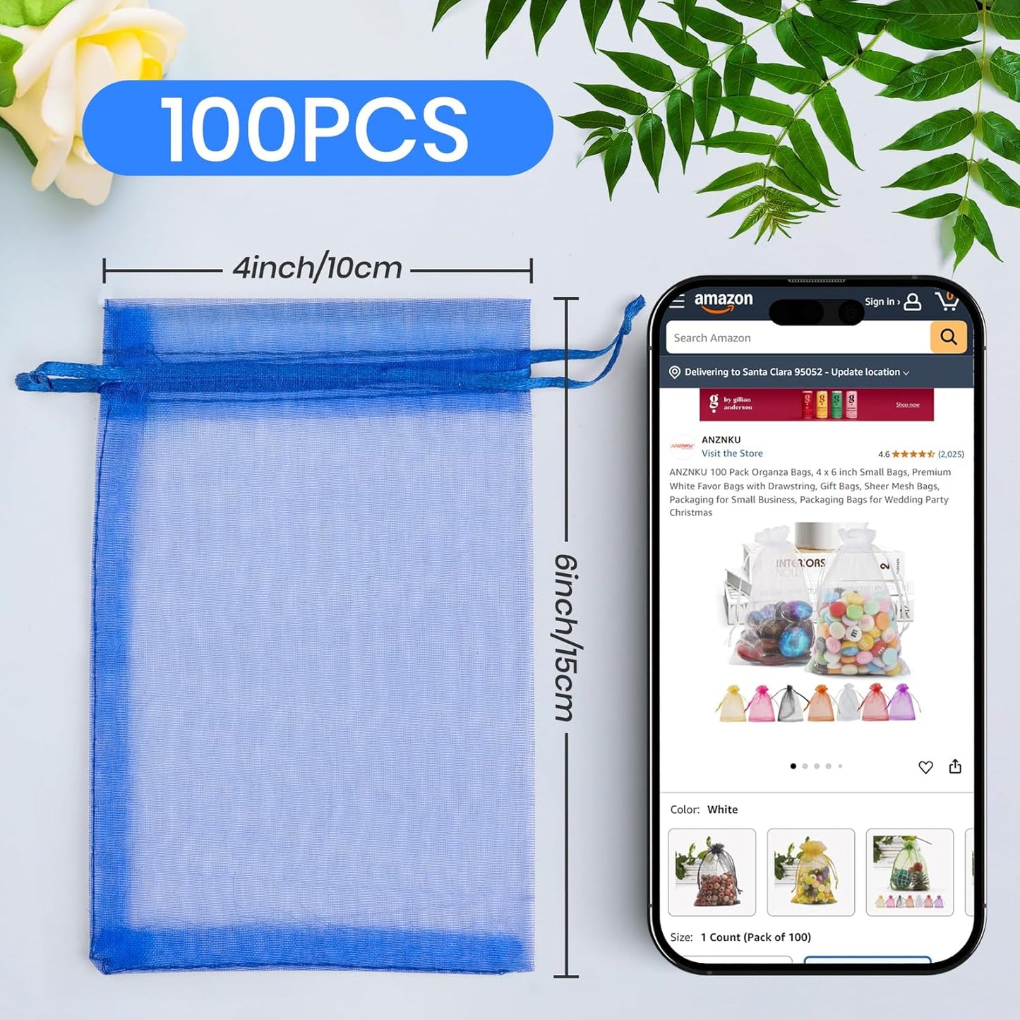 ANZNKU 100 Pack Organza Bags 4x6 Inch, Small Mesh Bag Drawstring Jewelry Pouches, Organza Gift Bags for Baby Shower, Party Favors(Royal Blue)