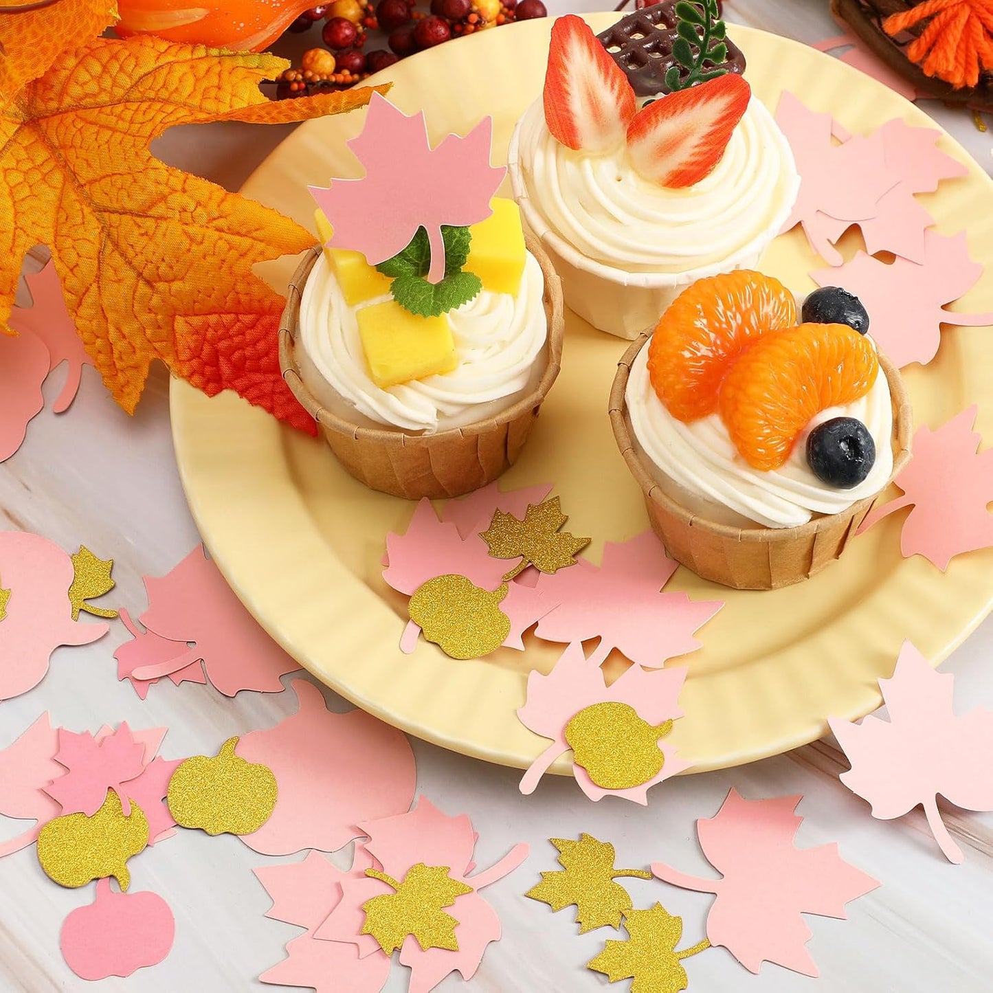 MARFOREVER 350 Pcs Fall Thanksgiving Pink and Gold Pumpkin Maple Leaf Confetti, Little Pumpkin Baby Shower Glitter Confetti Thanksgiving Table Decorations for Autumn Birthday Party Supplies