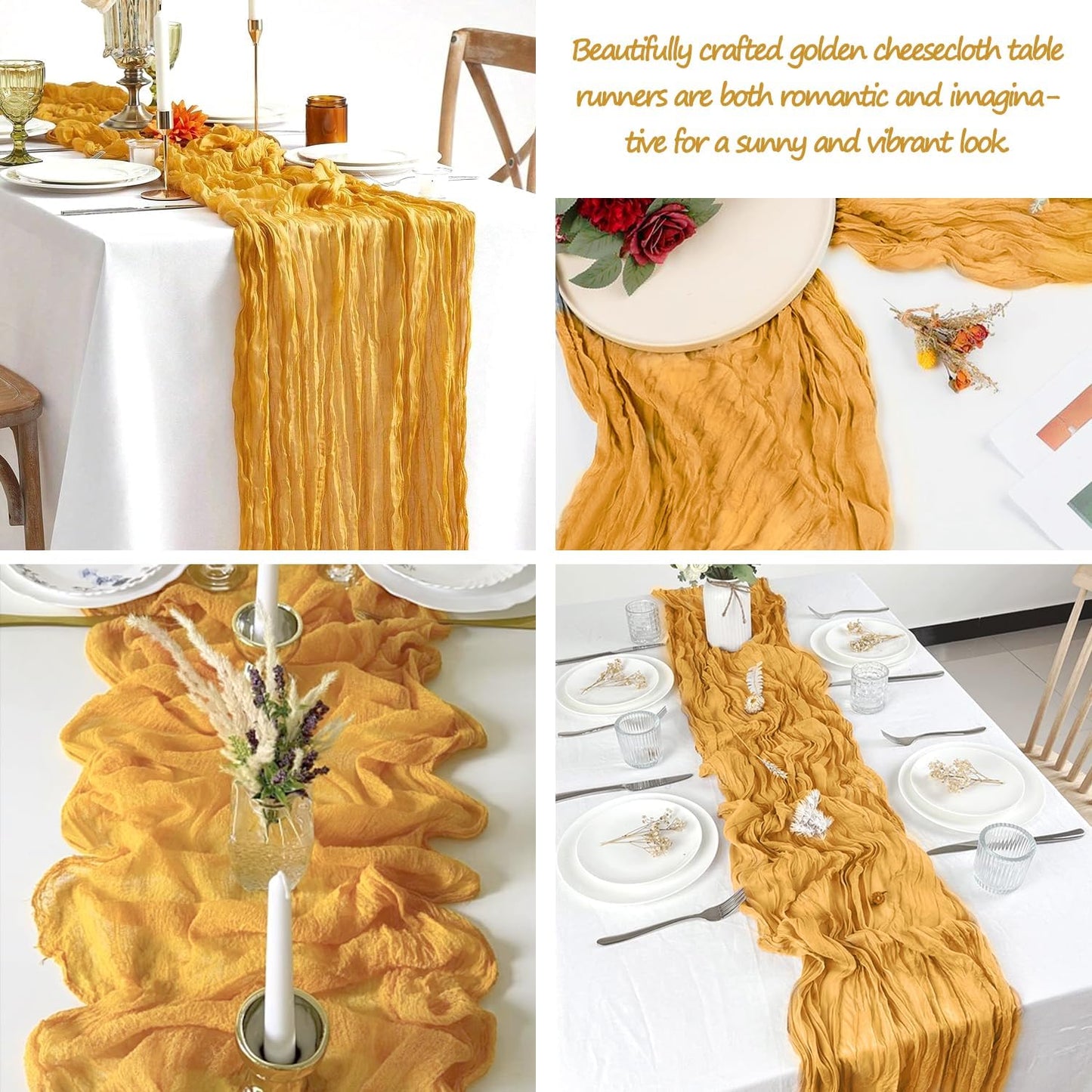3 Pack Gold Cheesecloth Table Runner Fall Thanksgiving 35x120 Inch Yellow Cheese Cloth Runner 10FT Boho Rustic Gauze Table Runner for Wedding Baby Shower Birthday Party Decor