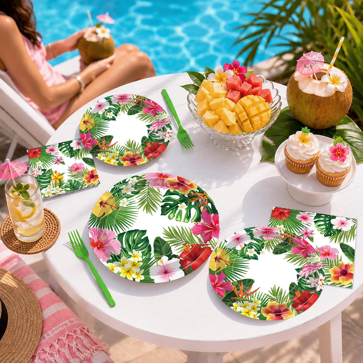 100 Pcs Tropical Luau Party Supplies Set, Serves 25 – Disposable Hibiscus Floral Paper Plates