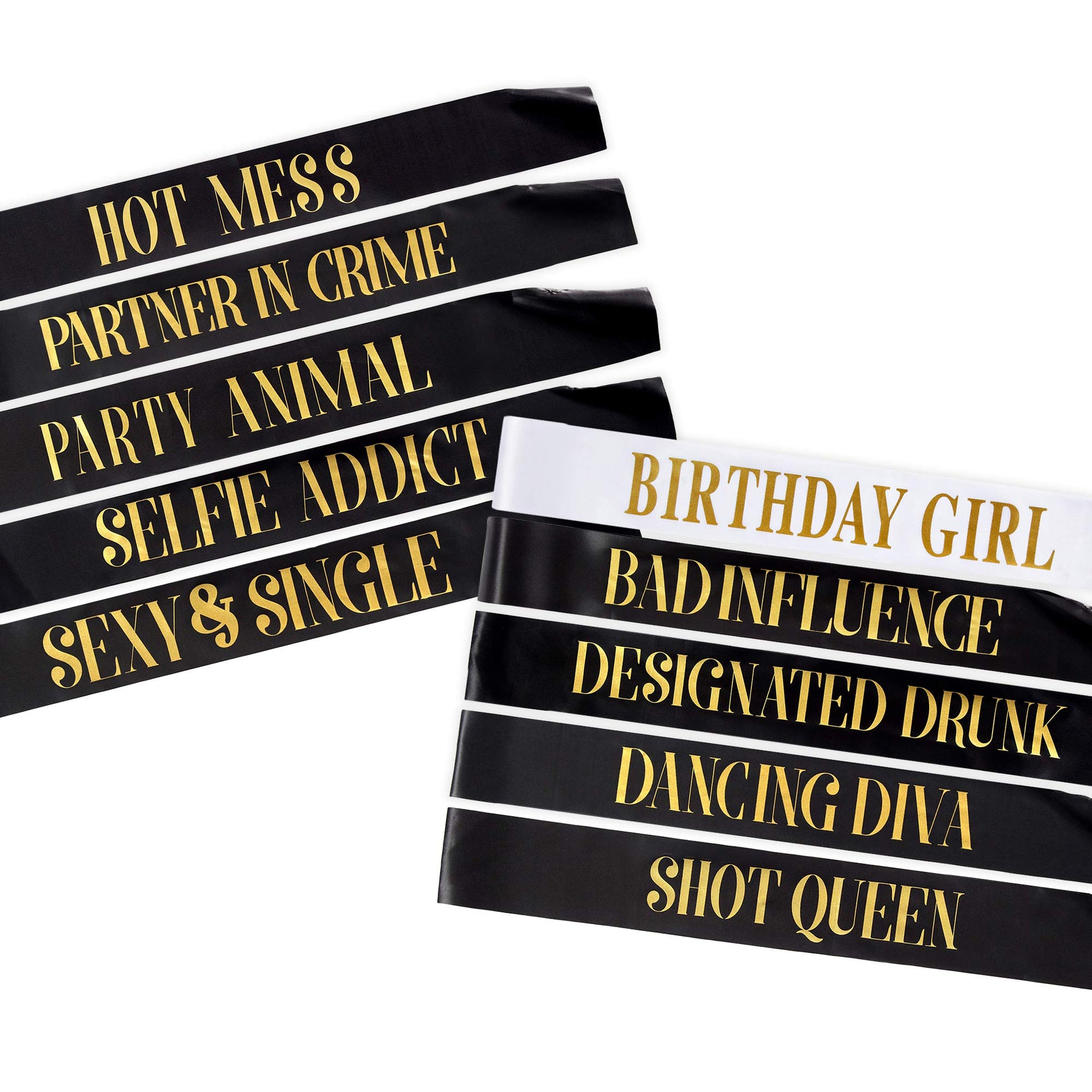 Pop Fizz Designs Birthday Sashes for Women – 10 Pack | 1 Birthday Girl Sash & 9 Funny Party Sashes