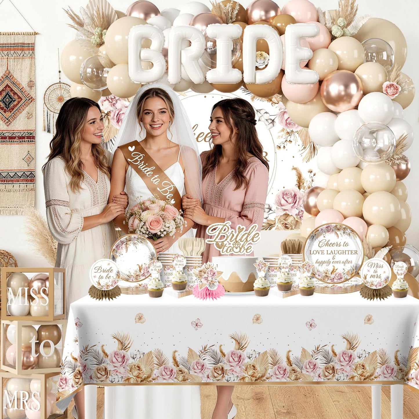cocomigo 301pcs Boho Bridal Shower Decorations Complete Party Set 25 Guests