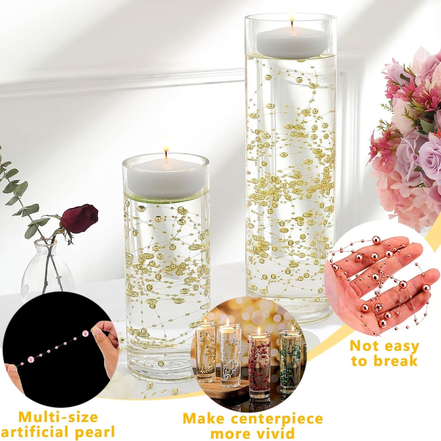 50 PCS Artificial Floating Beads for Centerpieces Vases, Light Purple 8+3mm String Beads for Wedding Party Faux Pearl String for Decorating, String Pearls for Crafts Vase Filler