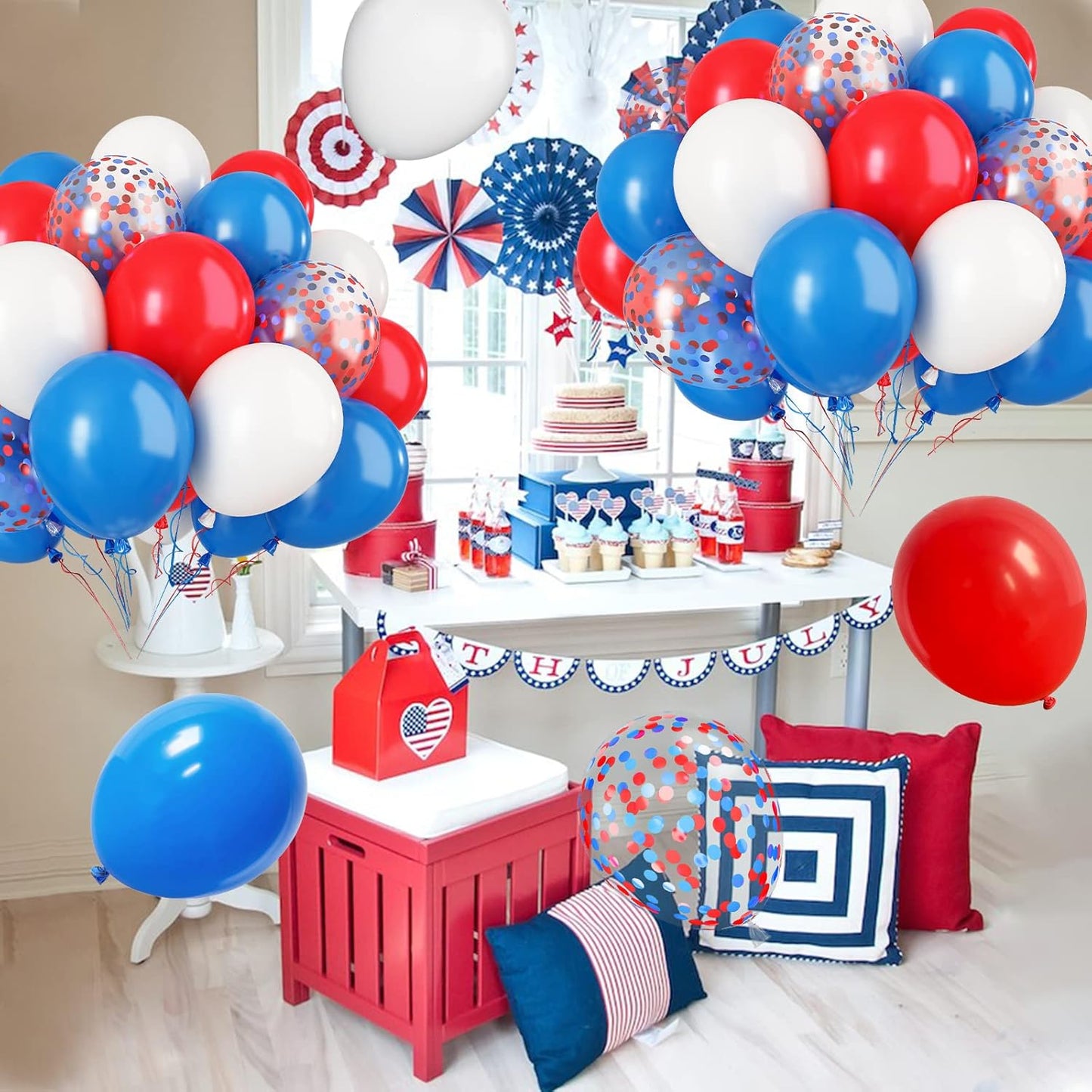 Paready Red and Blue Latex Balloons, 30 Pcs 12 Inch White and Red Blue Confetti Balloons with Ribbons for 4th of July Independence Day Birthday Baby Shower American Party Graduation Decoration