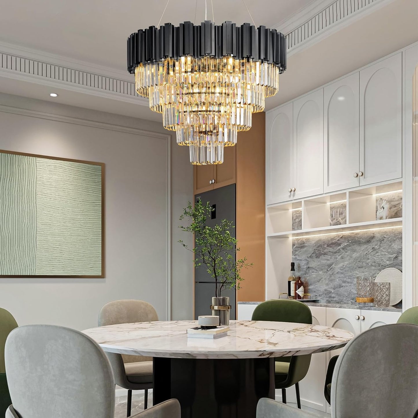 27.5" Black Crystal Chandelier, 9-Light Modern Luxury Round Chandelier, 5-Tier Contemporary Tiered Chandeliers Light Fixture for Dining Room, Living Room, Bedroom, Foyer, Entryway, Kitchen