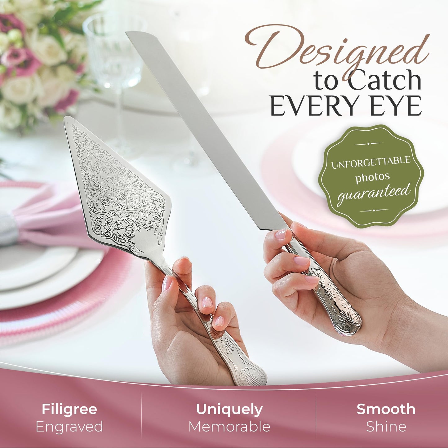 Orblue Wedding Cake Knife and Server Set - Premium, Beautifully Engraved Cutting Set - Elegant