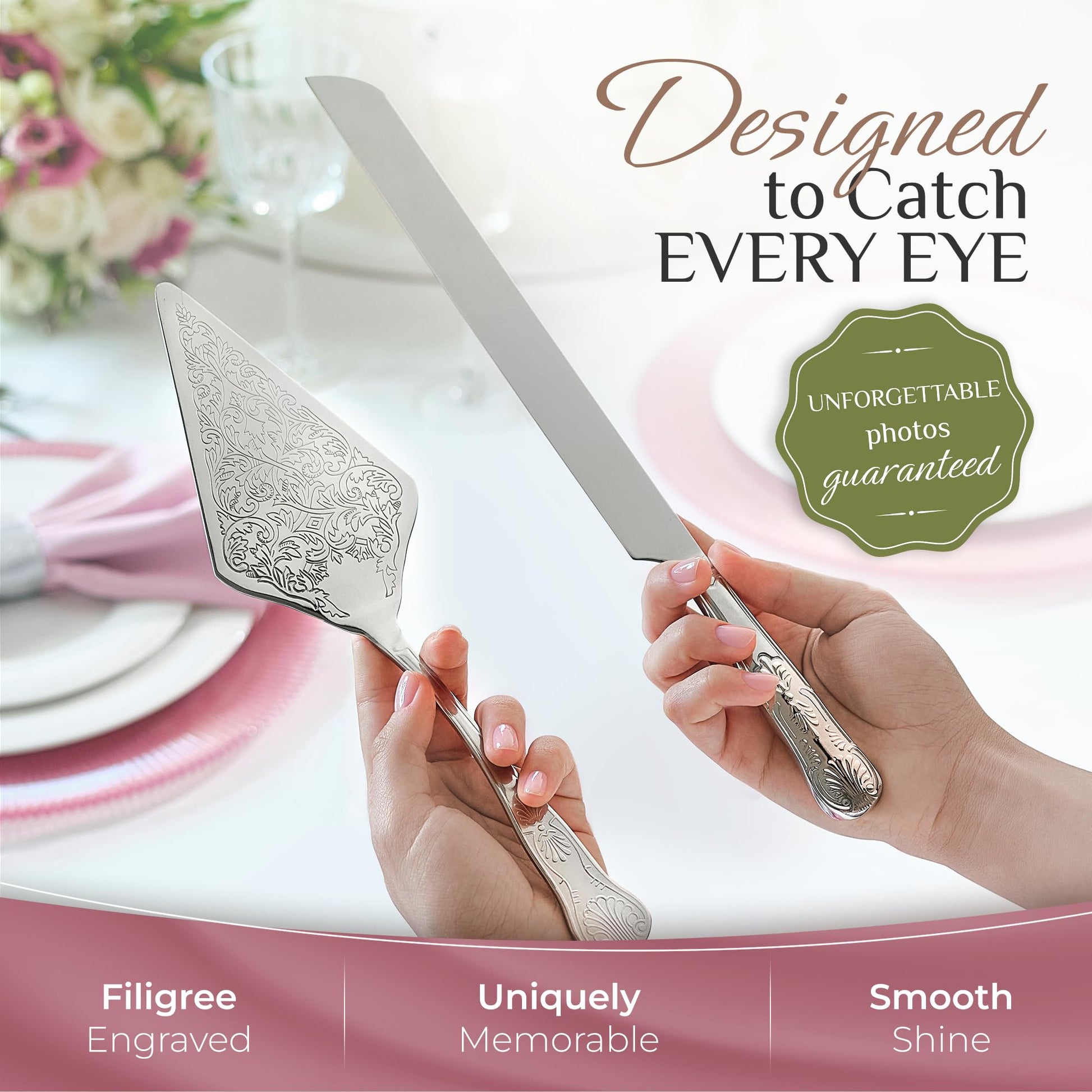 Orblue Wedding Cake Knife and Server Set - Premium, Beautifully Engraved Cutting Set - Elegant