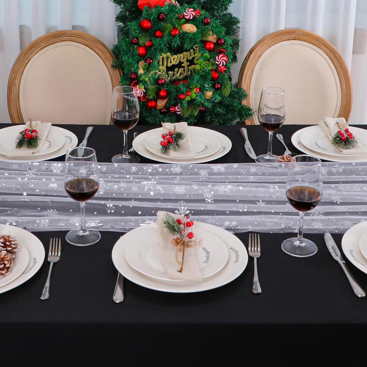 Snowkingdom Christmas Snowflake Cheesecloth Table Runner Silver 120 Inch Sheer Chiffon Gauze Runner, Winter Decorations Sparkly Sequin Metallic Party dining Table for Christmas Winter Holiday New Year