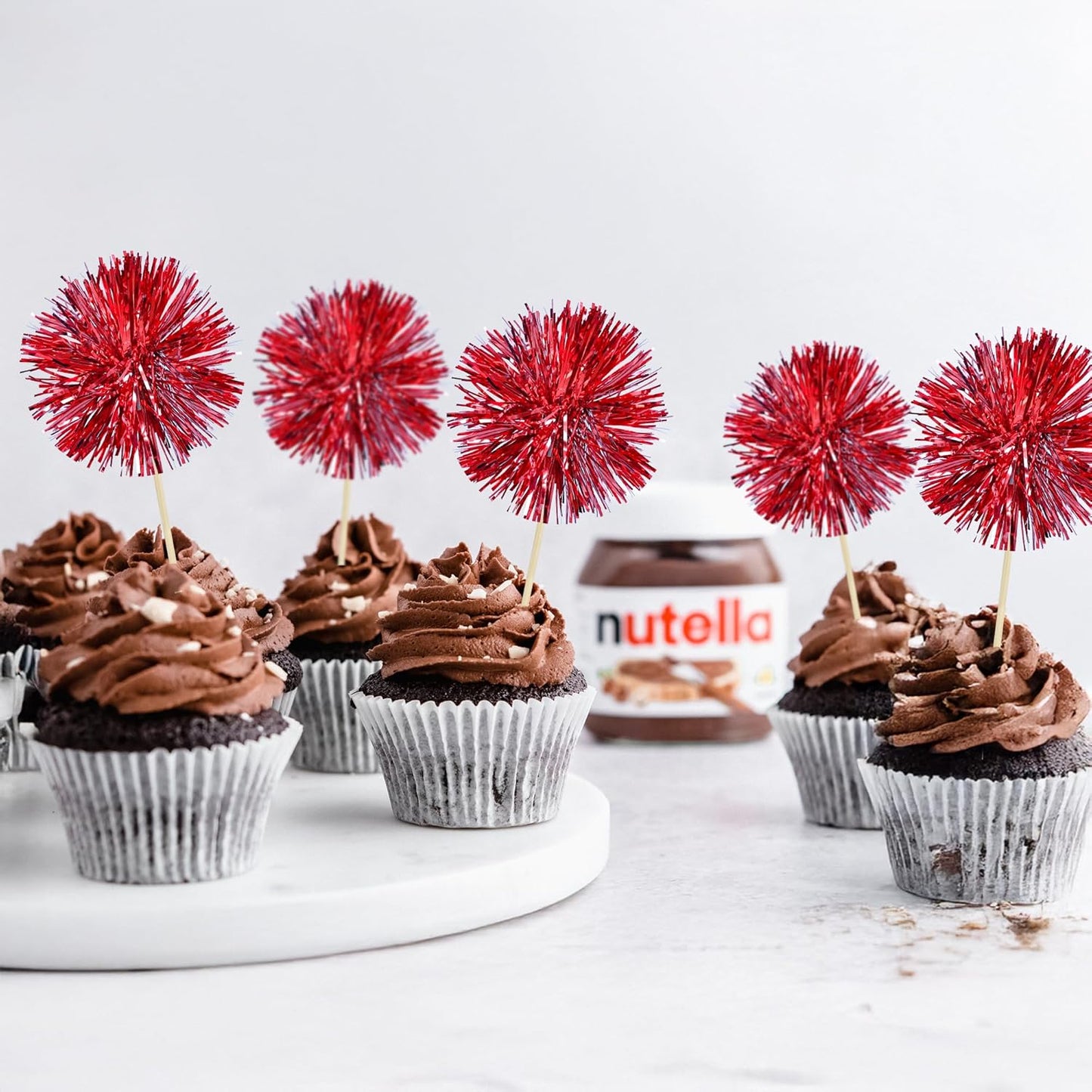 Ephlyn 30Pcs Foil Firework Cupcake Toppers Sparkle Tinsel Cupcake Picks Happy Birthday Cake Toppers Drink Stirrers Cocktail Food Fruit Toothpicks for Baby Shower Birthday Party Supplies Red