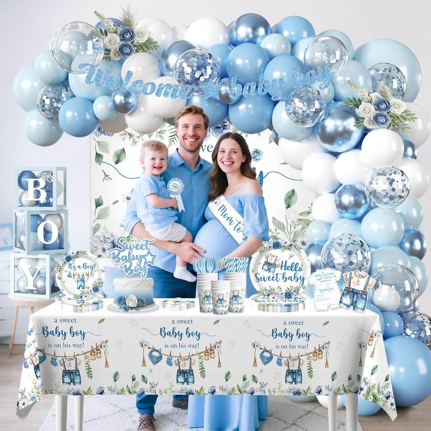 cocomigo Blue Boy Baby Shower Decorations, All-in-One Set for 20 Guests