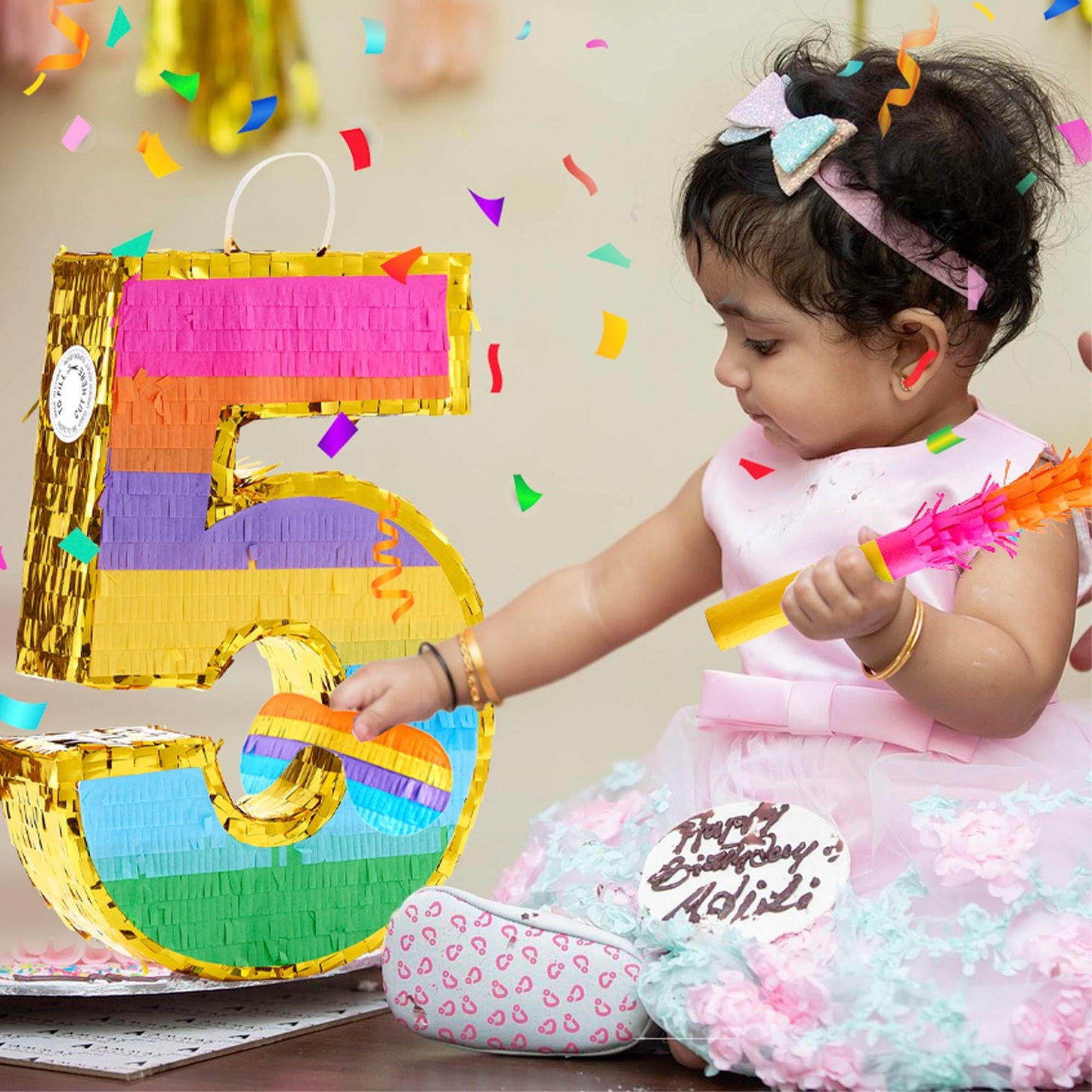 MUWOOB Rainbow Number 5 Pinata for 5th Birthday Party Decorations, Birthday Pinata with Stick