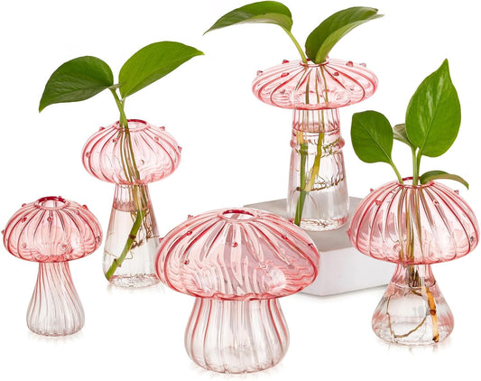 Glasseam Mushroom Plant Propagation Stations: Pink Glass Terrarium Jar Set of 5 Cute Planters for Indoor Plants Decorative Propagate Vase Unique Gifts for Women Home Office Decor