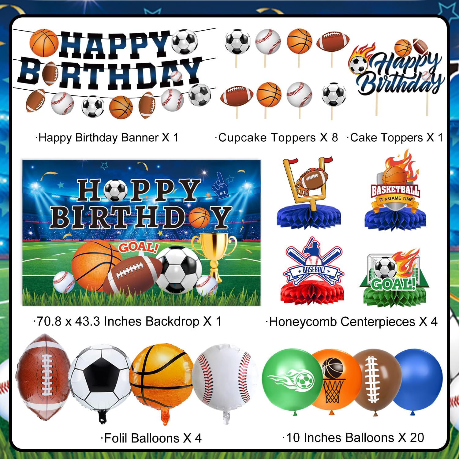 Sports Birthday Party Decorations Includes Banner, Backdrop, Foil & Latex Balloons, Cake & Cupcake