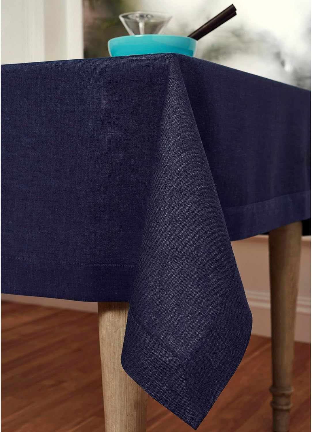 Solino Home Linen Tablecloth 60 x 120 Inch - 100% Pure Linen Chambray Navy Table Cloth for Rectangular Tables - Athena, Machine Washable Cloth Tablecloth for Fall, Thanksgiving, Christmas, Holiday