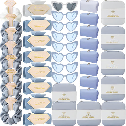 Bridesmaid Scrunchies Proposal Gifts Bachelorette Hair Claws Clips Girls heart sunglasses for Wedding Party Favors (40, White&Dusty Blue box)