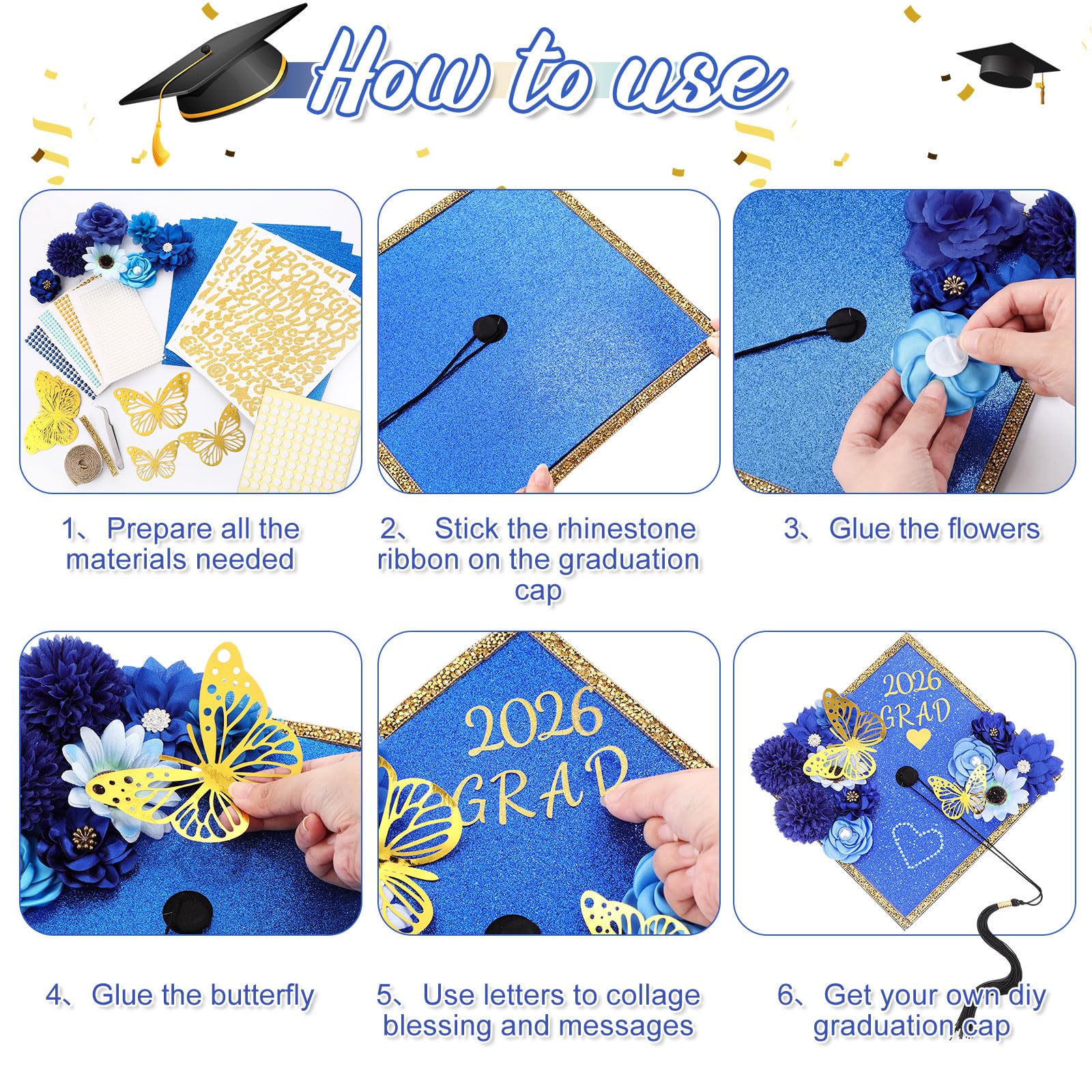 Wavwavw 43 PCS DIY Graduation Cap Decorations Kit, Grad Cap Decorations Included Faux Flowers 3D