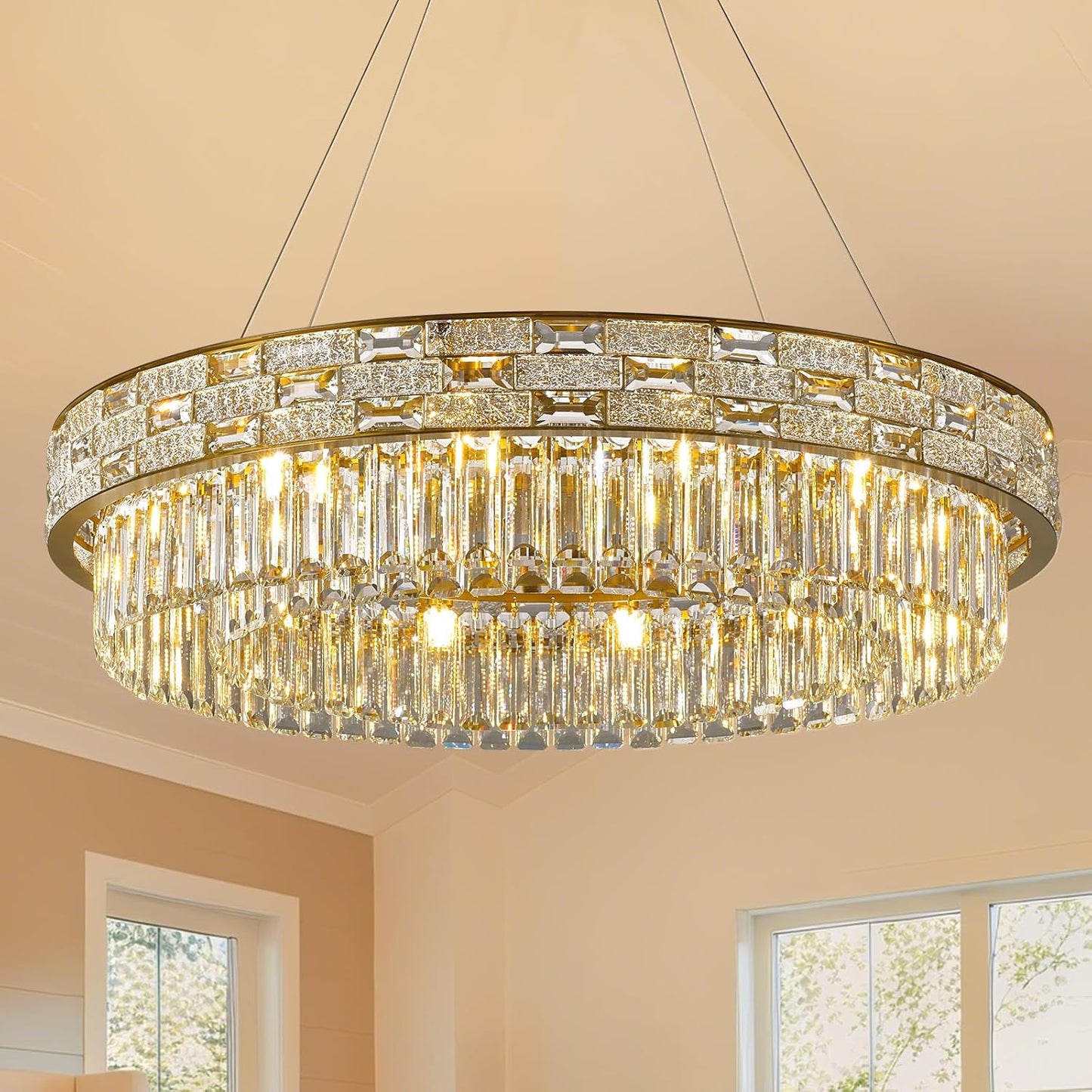 Crystal Chandelier, 31" 12-Light Large Chandelier for Living Room, Round Gold Chandeliers for Bedroom, High Ceiling Chandeliers, Foyer Lighting Fixtures Hanging Lights Dimmable