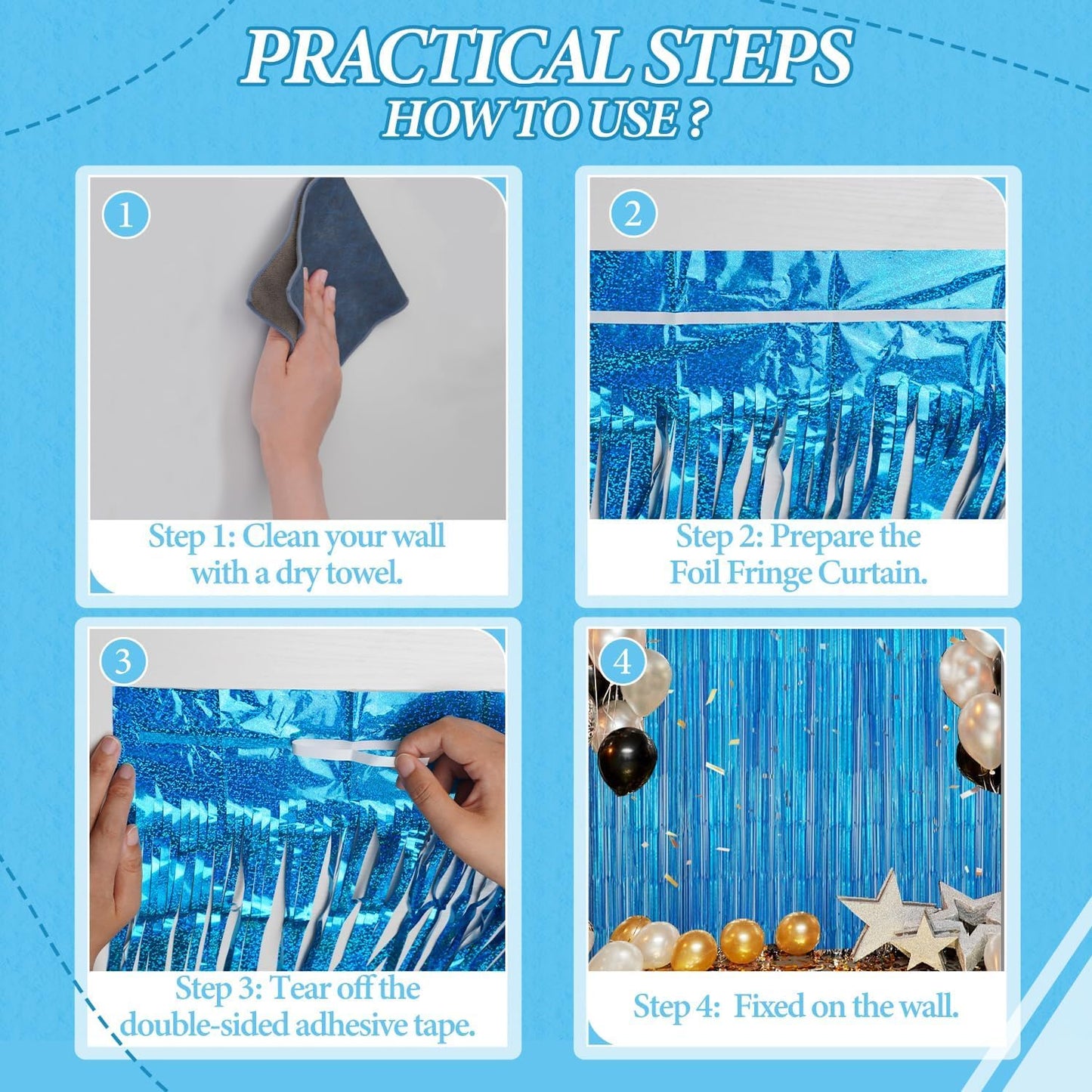 3 Pack Foil Fringe Backdrop - Laser Blue Shiny Tinsel Curtains for Party Decoration/Photo Booth Props - 3.3x8.2 FT Metallic Foil Backdrop for Birthday, Wedding, Graduation, Christmas.