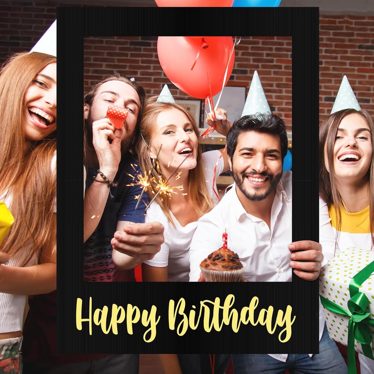 32 x 24 Inch Large Photo Booth Props Picture Frame Happy Birthday Party Frame DIY Cutouts Photo Booth Props Selfie for Party Supplies Favors(Black Gold,Happy Birthday)