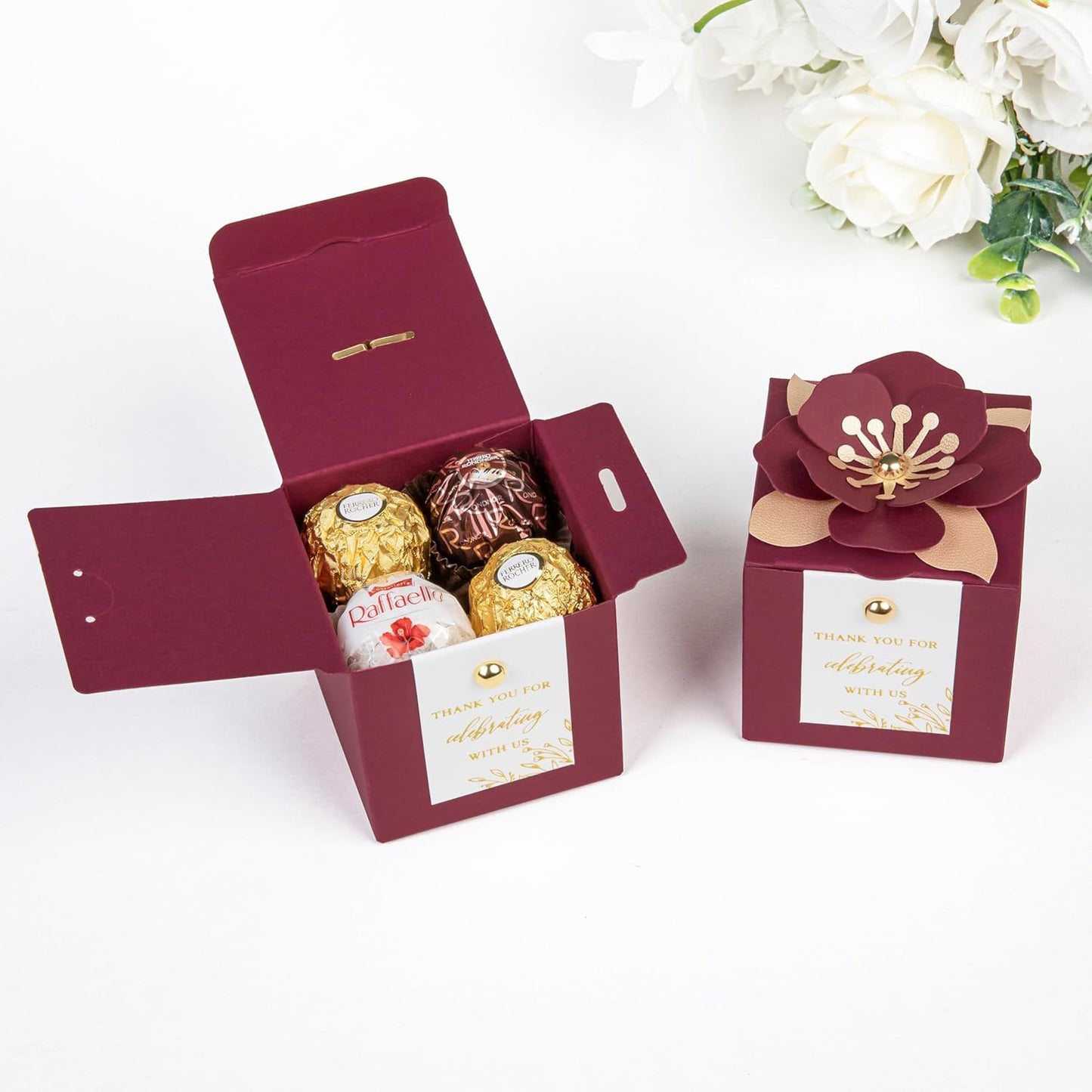 FEIYI 20 PCS Favor Boxes, 3 In 1Burgundy Candy Boxes with Floral Decor, White Thank You Tags Gold Foil Print Gift wrapping for Wedding, Baby Shower, Birthday, Decorations Party - 2.55x2.55x2.55